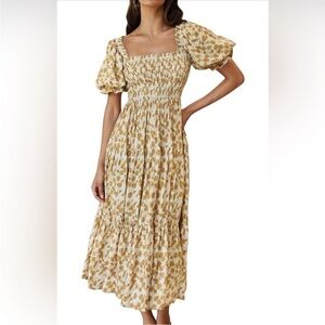 Smocked Square-Neck Midi Dress in Cream & Mustard Floral